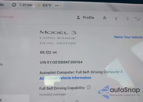 2019 Tesla Model 3 Long Range/Performance z USA, uszkodzony, nr VIN 5YJ3E1EB6KF390184